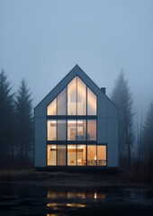 Fototapeta na wymiar Exterior of Modern Alaskan Mansion, very simple forms, minimalistic, Scandinavian house