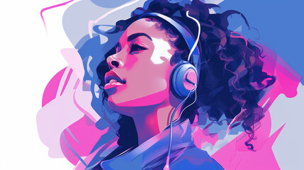 Illustration of a woman immersed in music with stylish headphones