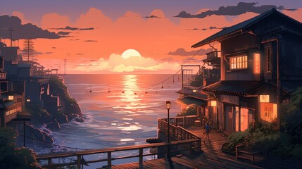 Anime Sunset of  Japanese Street with Ocean View Wallpaper.