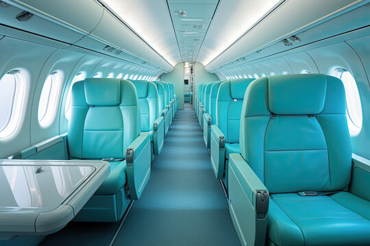 interior de avi&oacute;n vac&iacute;o con pasillo y asientos de color verde turquesa  de un vuelo privado en jet