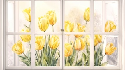Window Framed by Yellow Tulips on a White Background.