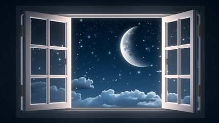 Open White Window Night Sky with Shooting Star and Moon.