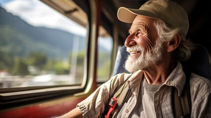 Portrait of happy senior man traveling by train, he is looking at camera and smiling. Generative ai.