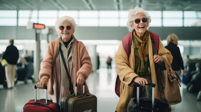 Happy senior couple with suitcases at airport terminal. Travel and tourism concept. Generative ai.