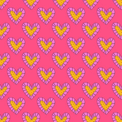 Fototapeta premium 1970 psychedelic seamless pattern. 1970s good vibes hearts ornament. 1960 retro Valentine. Hippie peace and love. Funky and groove card. Trippy art.Hippie wallpaper background poster 