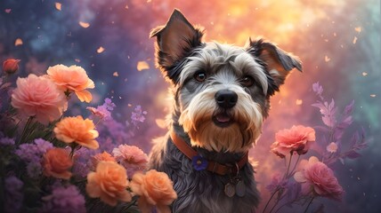photorealistic of a cute puppy a vibrant dog with a colorful backdrop