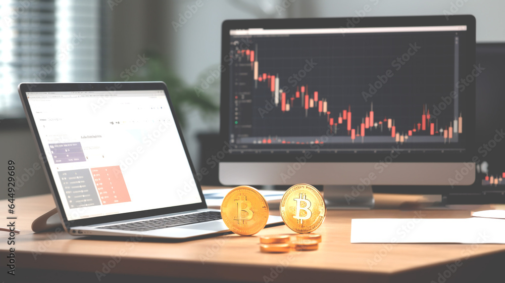 Poster cryptocurrency coin. desk with computer, charts, computer monitor displays chart depicting the crypt