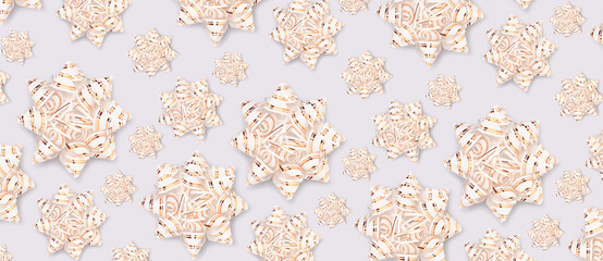 Banner with pattern made of shiny gold colored ribbon bows on a blue background.