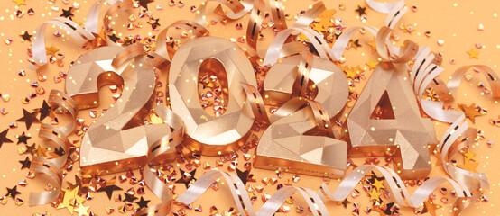 Banner with 2024 numbers, stars confetti and ribbons on a golden background. Monochrome New Year concept.