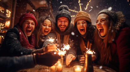 Happy friends with sparklers celebrate Christmas - obrazy, fototapety, plakaty