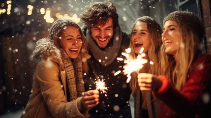 Foto op Plexiglas Happy friends with sparklers celebrate Christmas © Veniamin Kraskov