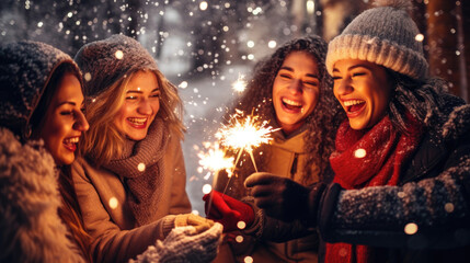 Happy friends with sparklers celebrate Christmas