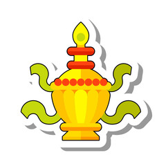 Golden Indian bowl or goblet vector.Pot decorated with festive ribbons and jewels.Mystical religious signs and symbols, objects of cult worship concept. Flat paper sticker isolated on white background