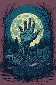 Halloween poster with a zombie hand sticking out of the ground. Cemetery in the forest against the full moon. Festive picture in retro style for party decoration, banners, invitations or advertising.