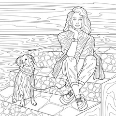 Girl and dog digital illustration flat vector drawing colouring book line art painting by number
