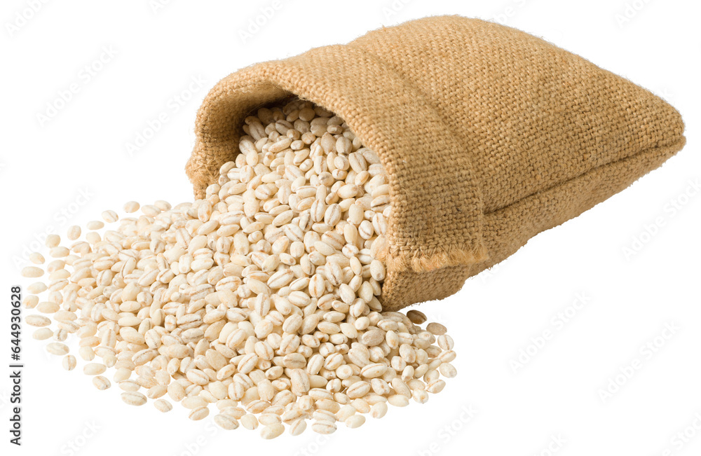 Wall mural Raw highland barley in the sack, isolated on white background. - Wall murals