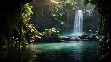 Beautiful waterfall surrounded by lush foliage in a forest