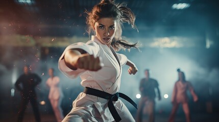 Portrait of a female taekwondo fighter in action