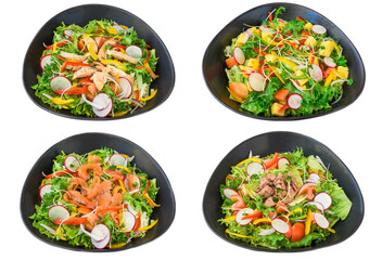 Collage or set of 4 salads on white background