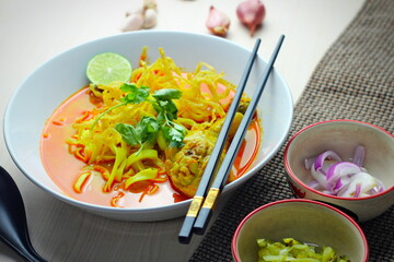 Thai Food, Khao Soi Kai, Thai spicy food, Thai spicy soup, Egg noodle in chicken curry