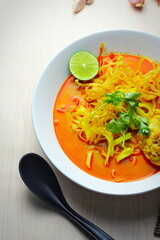 Thai Food, Khao Soi Kai, Thai spicy food, Thai spicy soup, Egg noodle in chicken curry