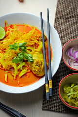 Thai Food, Khao Soi Kai, Thai spicy food, Thai spicy soup, Egg noodle in chicken curry