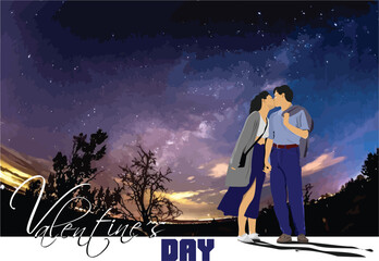 Happy couple romantically kissing at night under moonlight. 3d vector illustration