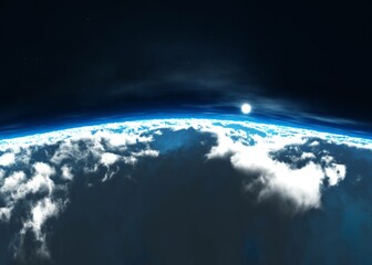 Earth at sunrise from low orbit, Clouds view from orbit, 3D rendering