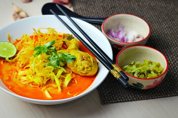 Thai Food, Khao Soi Kai, Thai spicy food, Thai spicy soup, Egg noodle in chicken curry