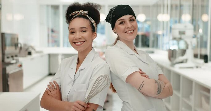 Team, chef and women smile with arms crossed in kitchen at restaurant for hotel service. Portrait, cooking and collaboration with culinary professional and employee for catering career or competition