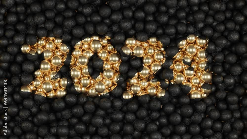 Poster 3d animation of the date 2023 of the outgoing year. a lot of black balls fall and form a picture, th