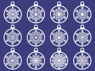 Set of laser cut Christmas balls with snowflake cutout of paper Sample Template for Christmas card, invitation for Christmas party For laser or plotter cutting printing serigraphy	
