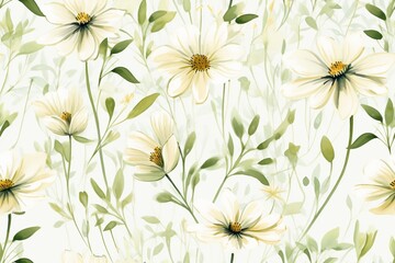 Fototapeta na wymiar Seamless minimalistic watercolor pattern: wildflowers and herbs. AI generated