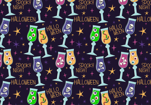 Seamless pattern with colorful Halloween party cocktails