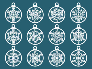 Set of laser cut Christmas balls with snowflake cutout of paper Sample Template for Christmas card, invitation for Christmas party For laser or plotter cutting printing serigraphy	