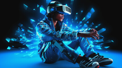 Young man in cybercore attire sitting in virtual reality. Fusion of Y2K fashion with digital aesthetics. Electric blue background. Banner
