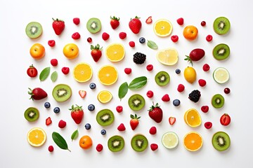 Fresh fruits arranged in a square on white background