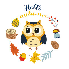 Hello autumn. Cartoon  owl, hand drawing lettering. Card with leaves, autumn elements and cute forest animal on white background.Design for cards, print, poster.