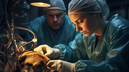 Veterinarians perform an operation on a sick dog in a surgical room on a table