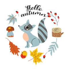 Hello autumn. Cartoon raccoon, hand drawing lettering. Card with leaves, autumn elements and  cute forest animal on white background.Design for cards, print, poster.