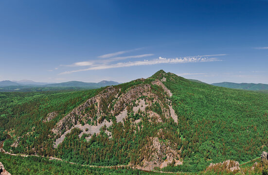 Mountain With Forest On The River Inzer. Landscape. HD Panorama. Russia, Ural, Bashkortostan, Aigir.