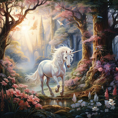 Obraz na płótnie Canvas Magic snow-white unicorn in a fairy forest against the backdrop of a castle