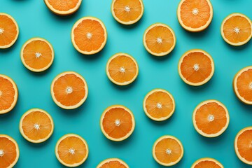 Fresh oranges arranged in a square on cyan background