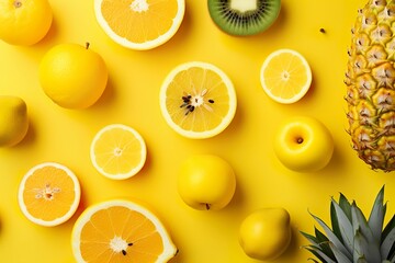 Fresh yellow fruits arranged in a square on yellow background