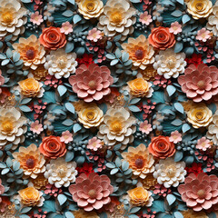 seamless pattern of 3d papercraft flowers. floral illustration