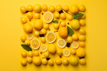 Fototapeta na wymiar Fresh yellow fruits arranged in a square on yellow background
