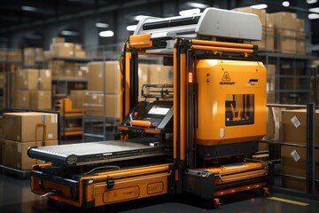 Automation Warehouse mega store industrial with generative Ai, Wide shot.