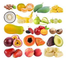 macadamia; coconut; banana; pear; mango; orange; star gooseberry; papaya; Mulberry; jack fruit; Plum; Macadamia; passion fruits; rose apple; avocado; peach  on transparent png