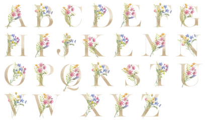 Meubelstickers Eenhoorns Letter set, floral alphabet with watercolor flowers and leaf. Monogram initials perfectly for wedding invitation, greeting card, logo, poster. Holiday decoration hand painting.