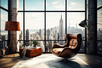 A small, private office setup with a leather chair and an extensive city view.